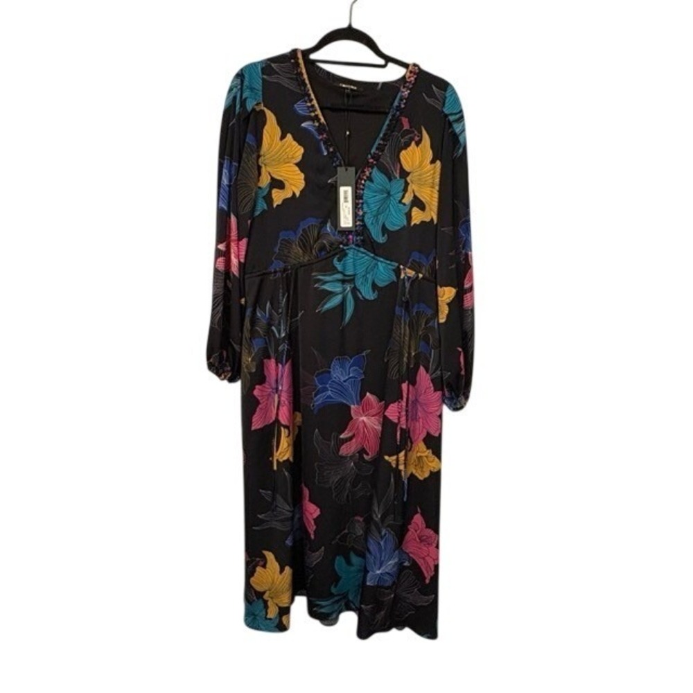 Kobi Halperin Alexi Dress Black Floral Braided V-Neck Midi Women Medium NEW